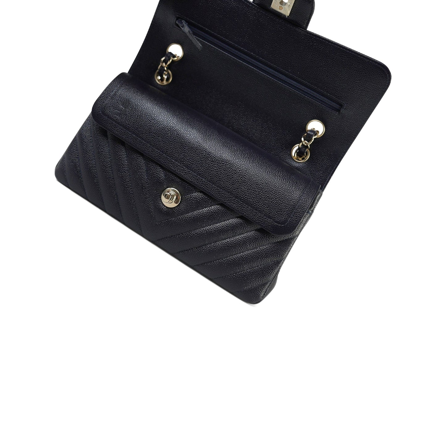 20B Navy Caviar Chevron Quilted Classic Flap Small Light Gold Hardware