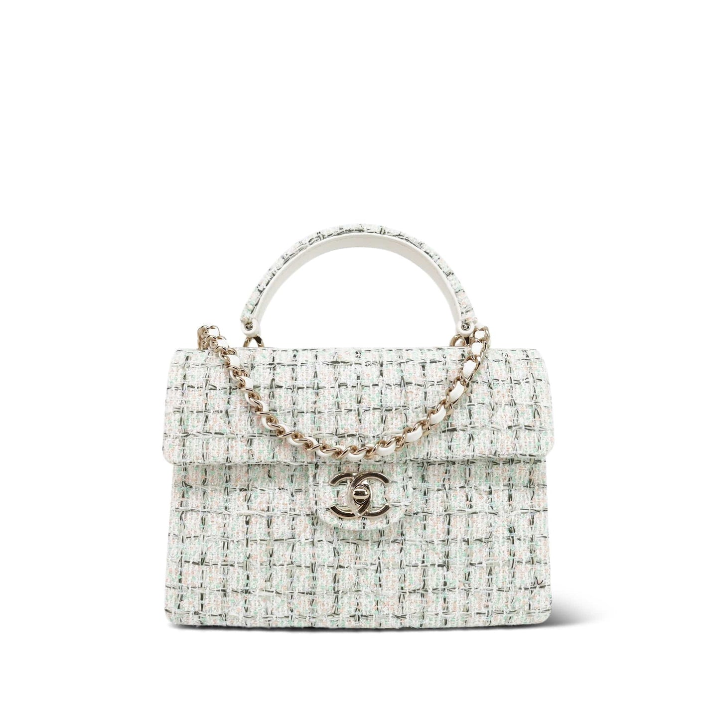 White/Multicolor Sequin Tweed Quilted Top Handle Flap Bag On Chain