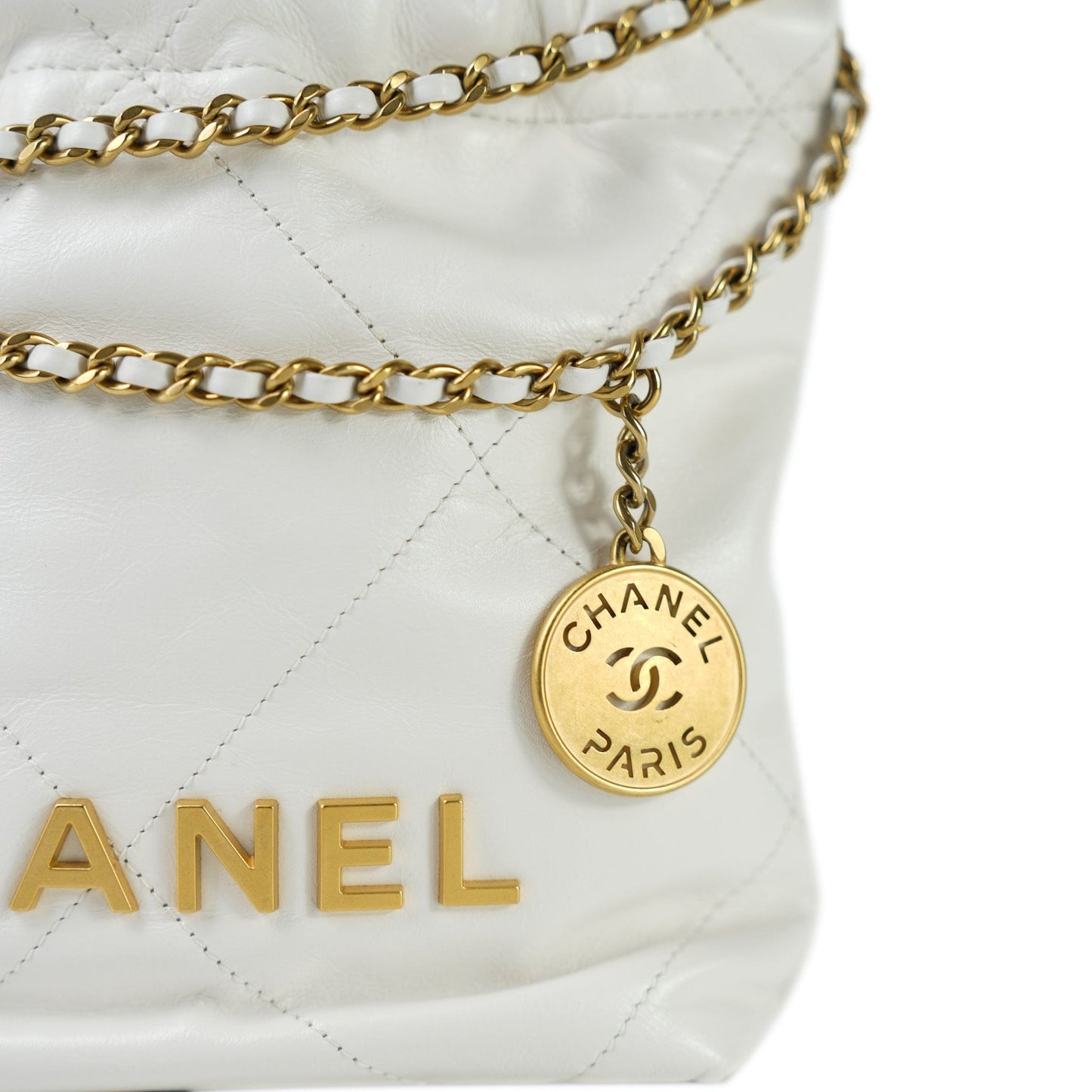 White Calfskin Quilted Mini 22 Bag Aged Gold Hardware