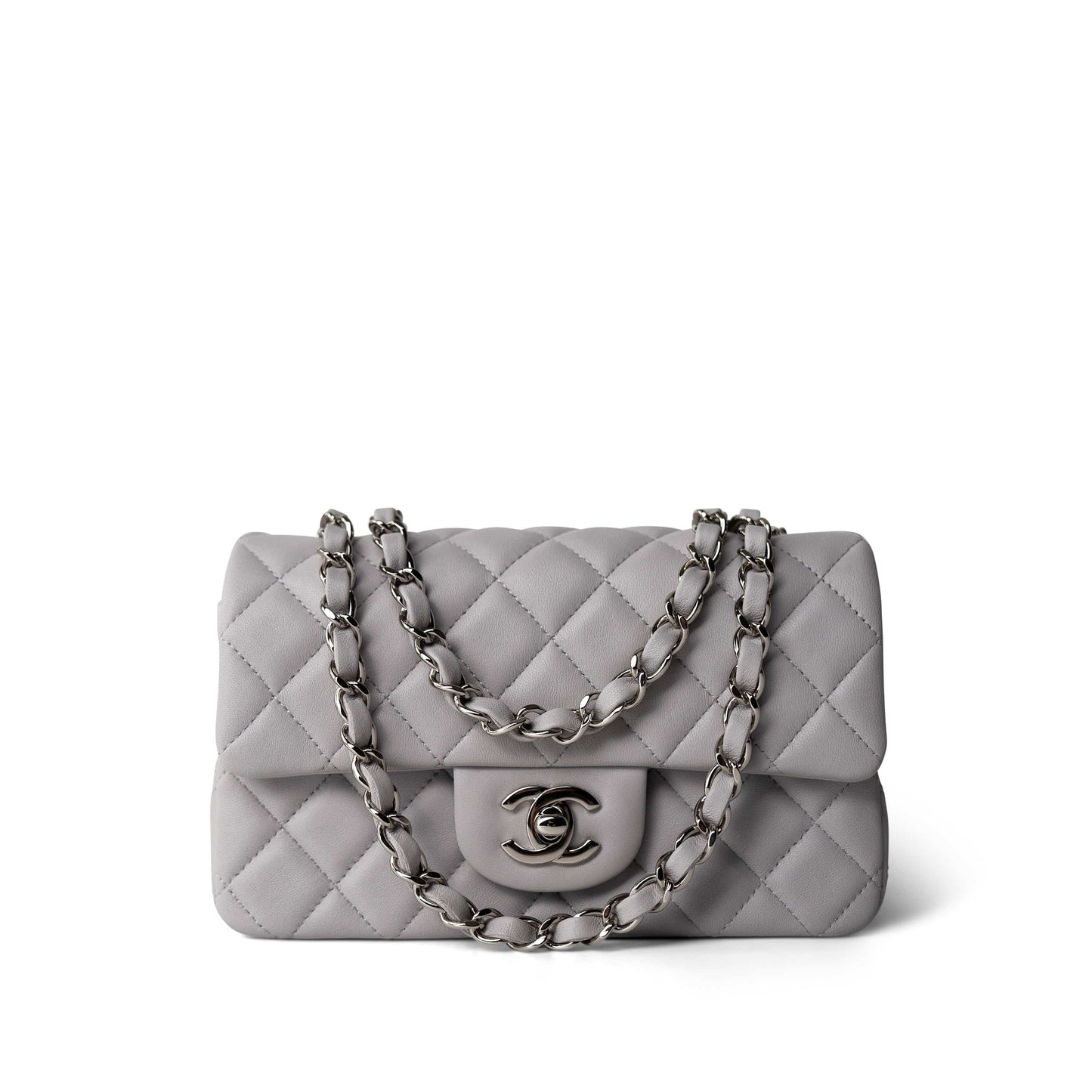 20C Light Grey Lambskin Quilted Mini Rectangular Flap Silver Hardware