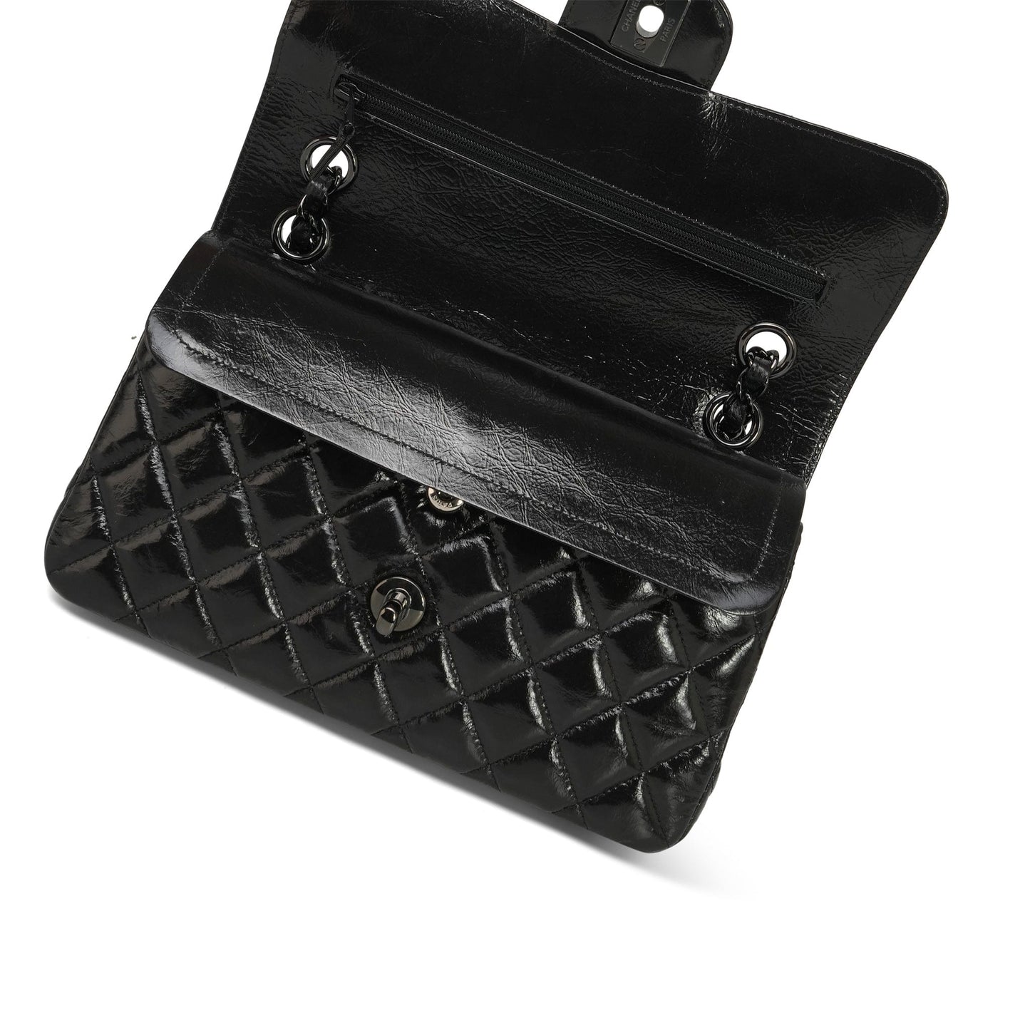 20S So Black Shiny Crumpled Calfskin Quilted Small Classic Flap