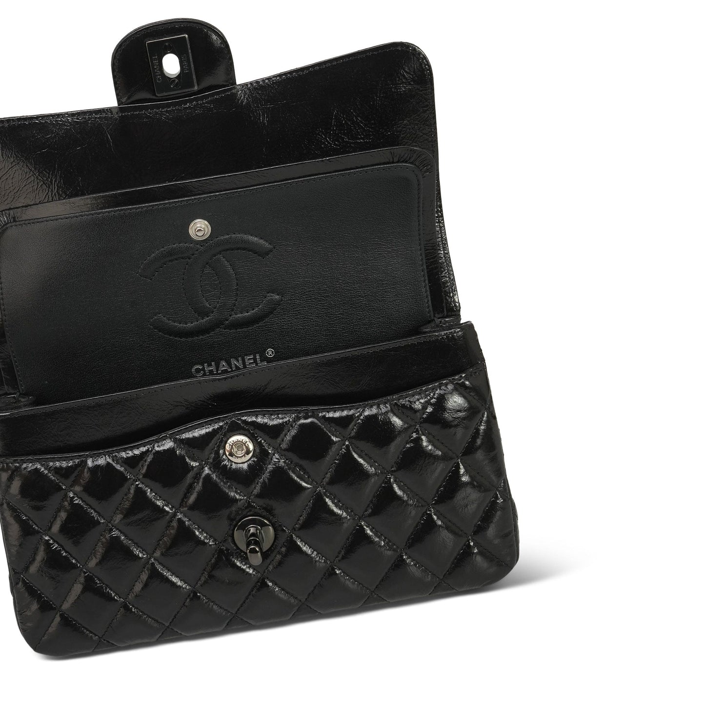 20S So Black Shiny Crumpled Calfskin Quilted Small Classic Flap