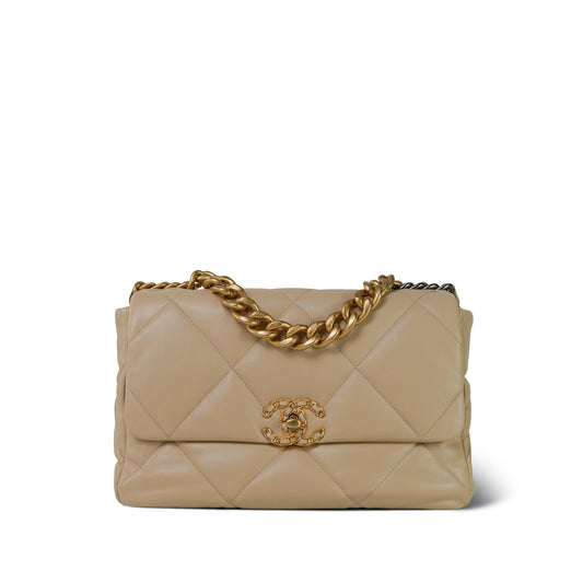 21B Beige Lambskin Quilted 19 Flap Medium/Large Mixed Hardware