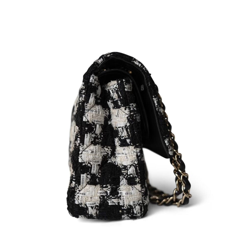 20S Black White Houndstooth Tweed Quilted Classic Flap Medium LGHW