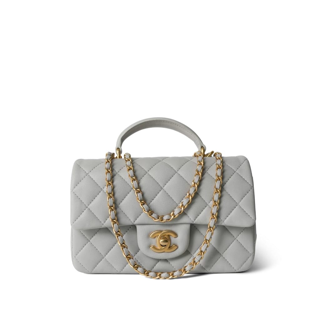 21A Grey Lambskin Quilted Mini Top Handle Aged Gold Hardware