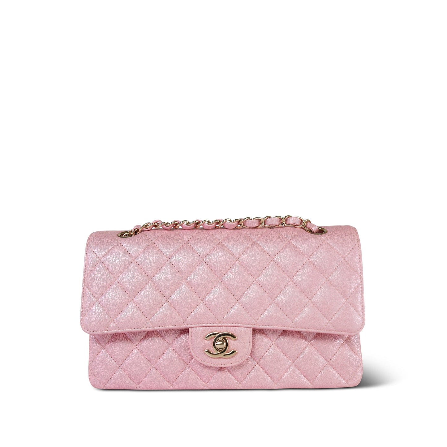19S Iridescent Pink Caviar Quilted Medium Classic Flap Light Gold Hardware