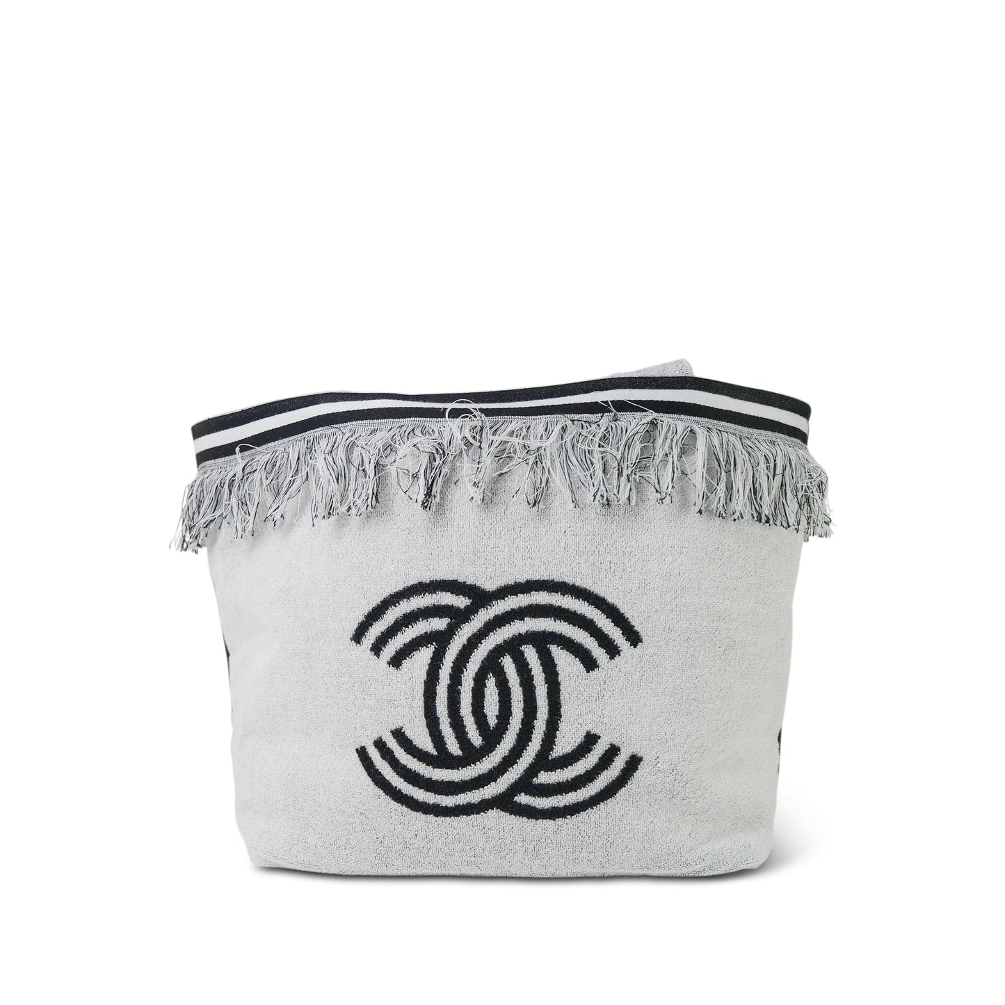 White/Black Terry Cloth Quilted CC Beach Tote with Towel Set