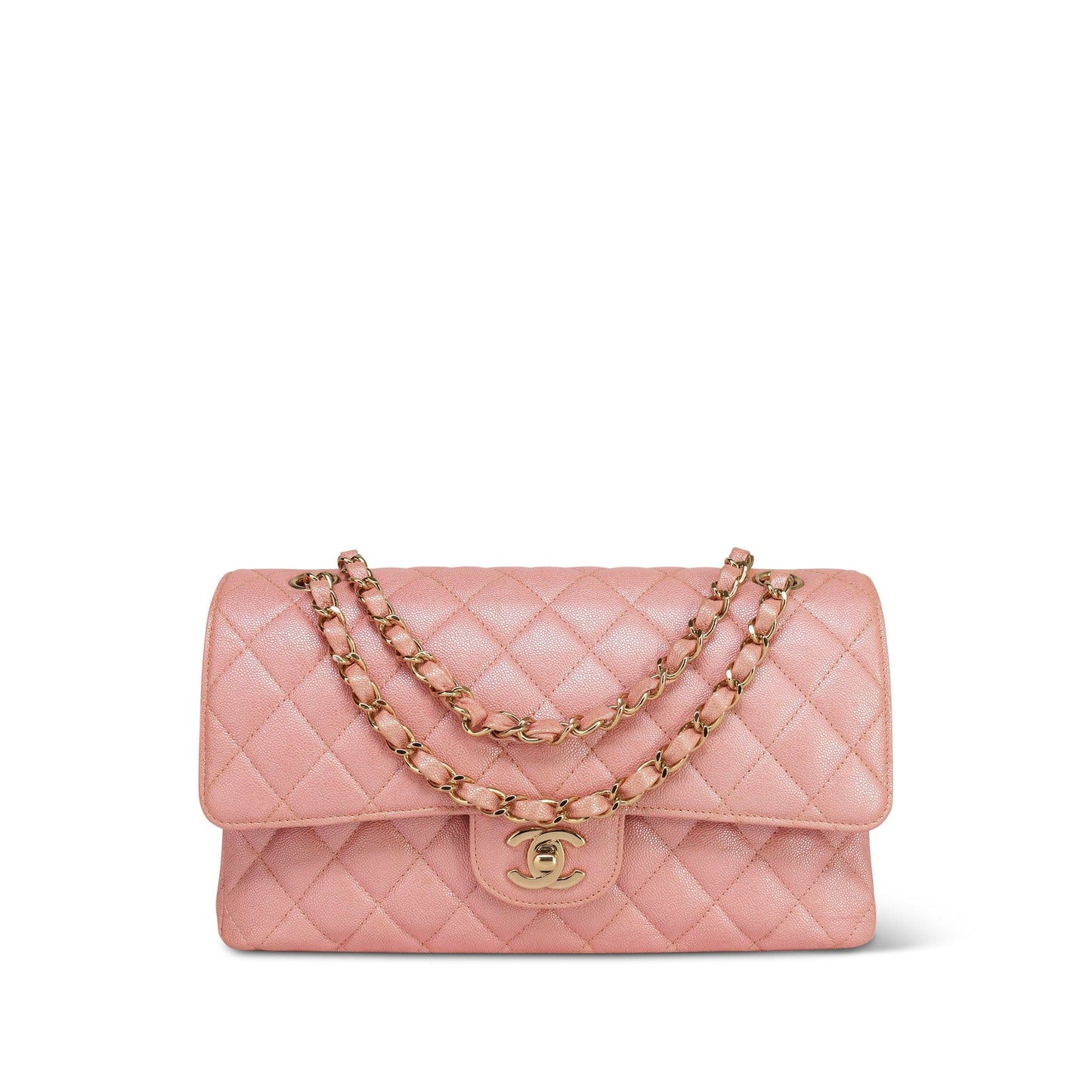 19S Iridescent Pink Caviar Quilted Classic Flap Medium LGHW