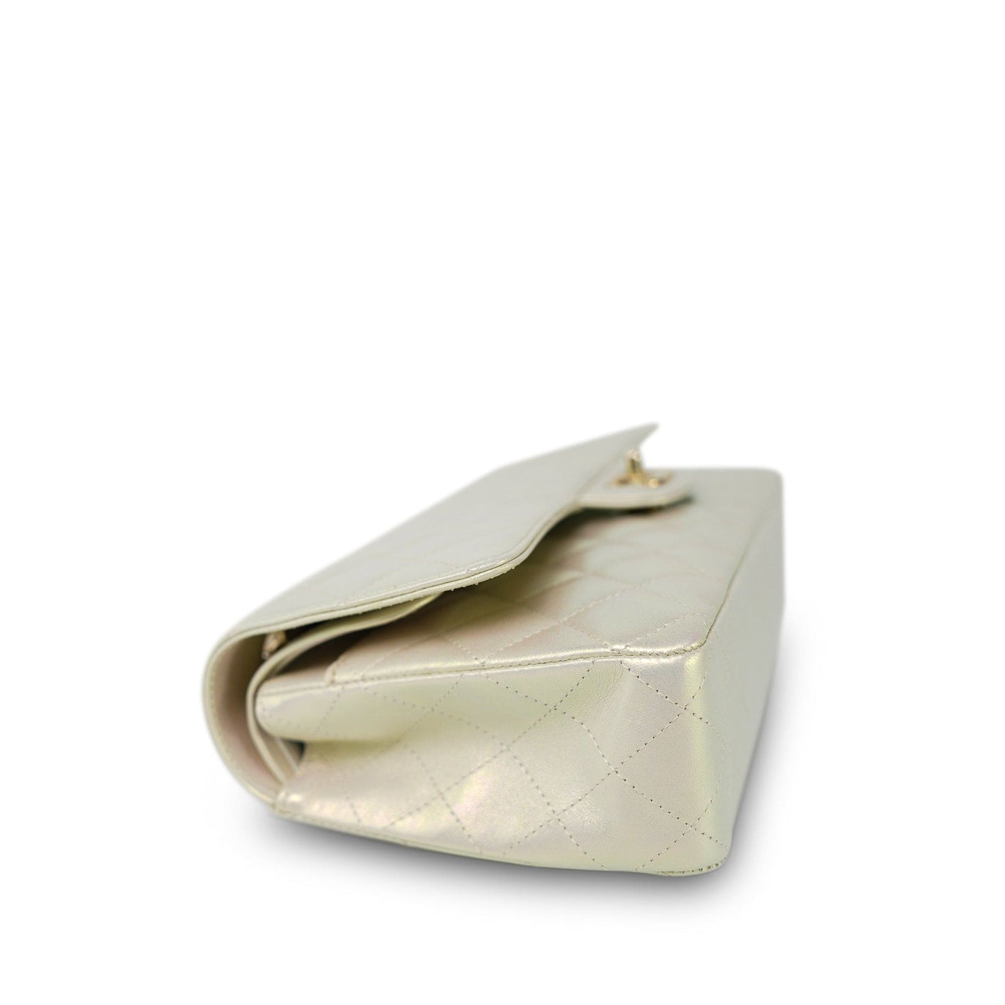 20B Iridescent White Calfskin Quilted Classic Flap Medium Light Gold Hardware