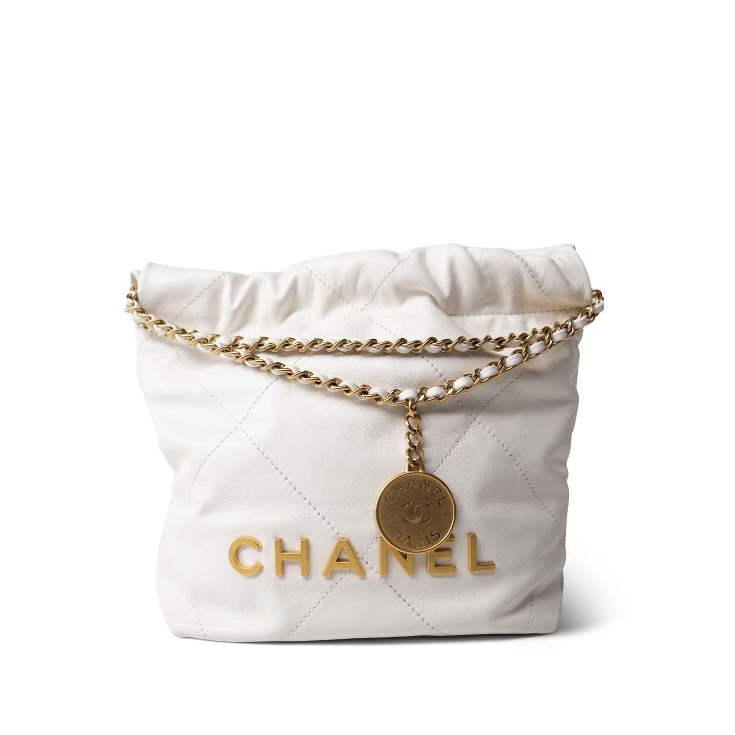 White Calfskin Quilted Mini 22 Bag Antique Gold Hardware