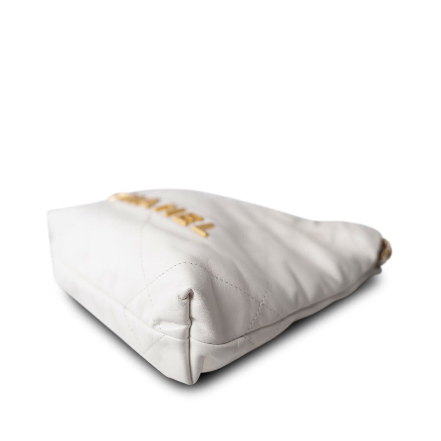 White Calfskin Quilted Mini 22 Bag Antique Gold Hardware