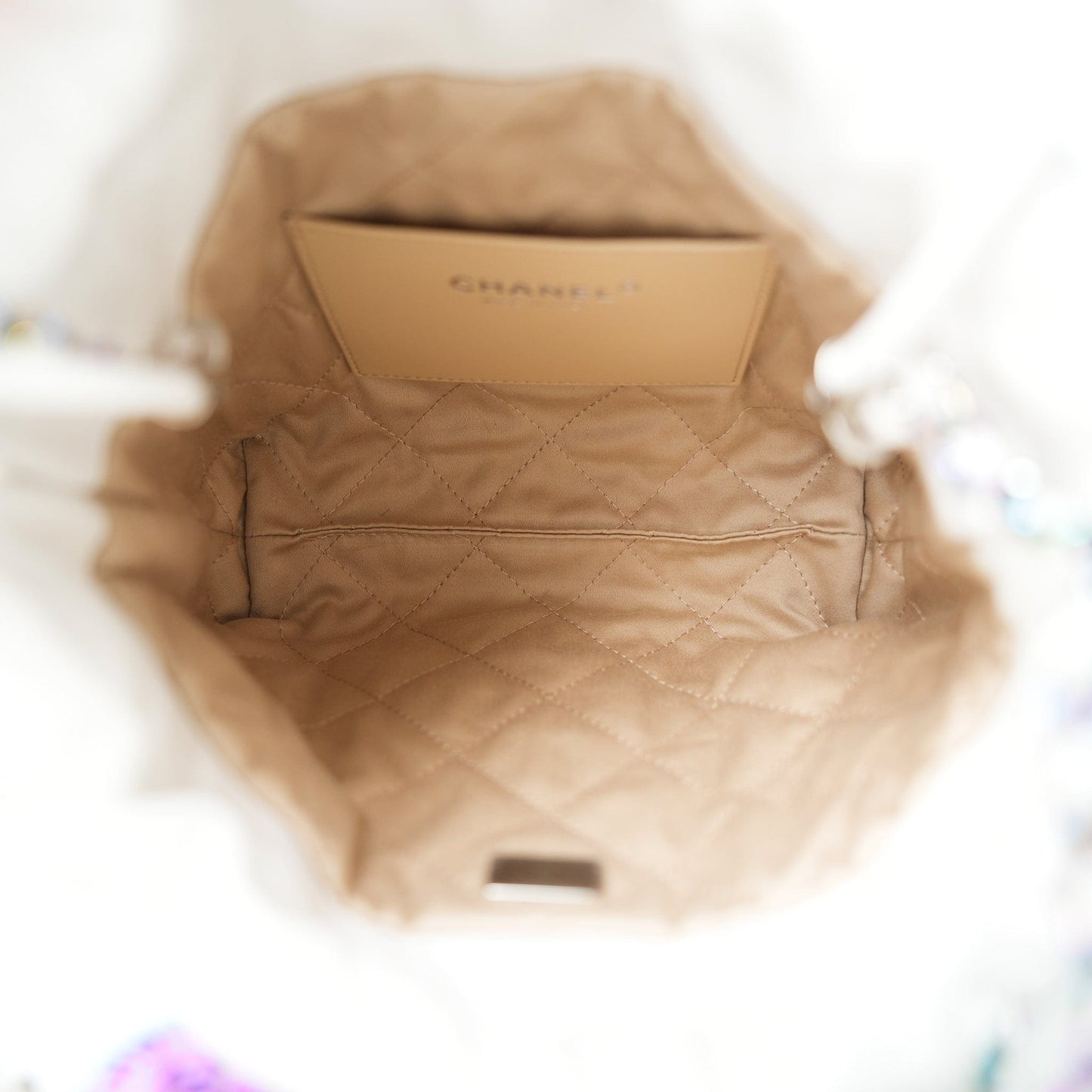 White Calfskin Quilted Mini 22 Bag Rainbow Hardware