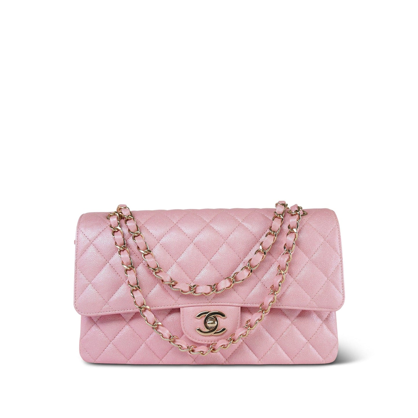 19S Iridescent Pink Caviar Quilted Medium Classic Flap Light Gold Hardware