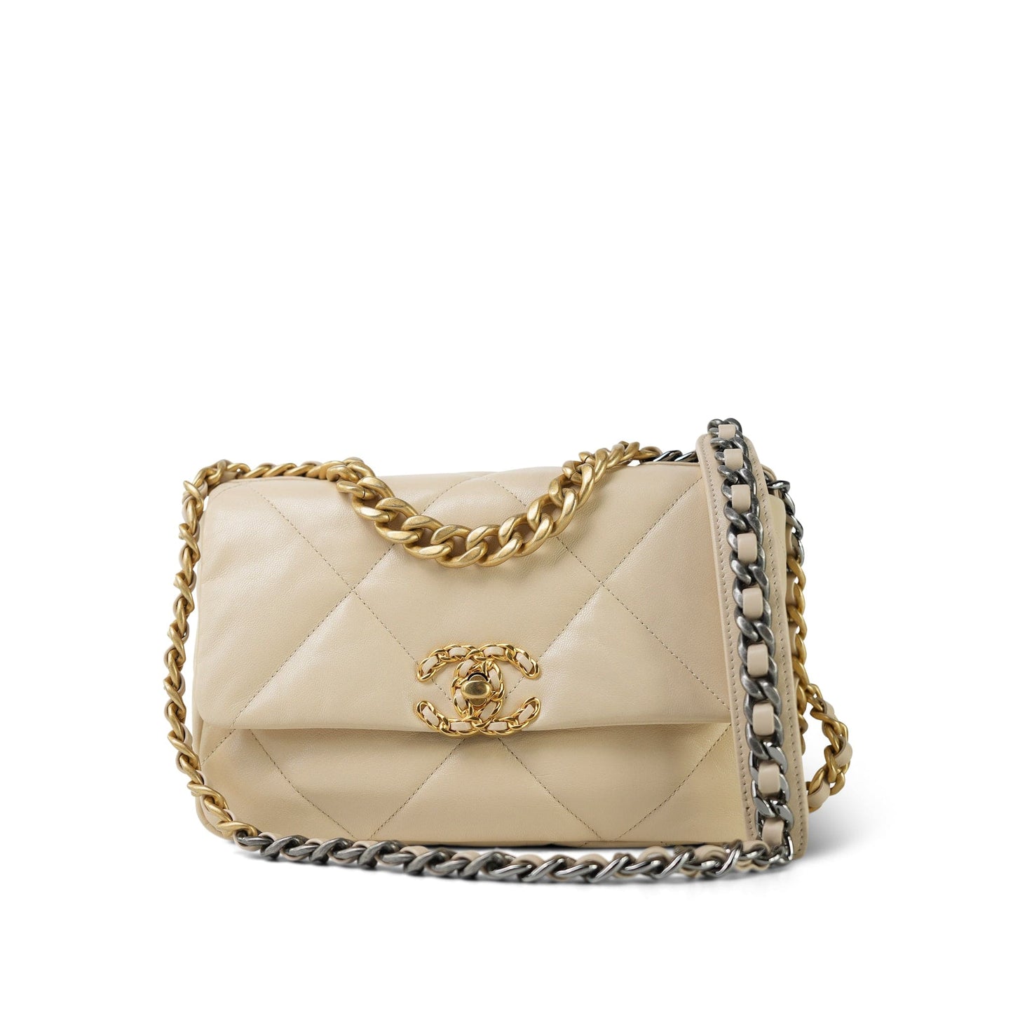 20A Light Beige Goatskin Quilted 19 Flap Small Mixed Hardware