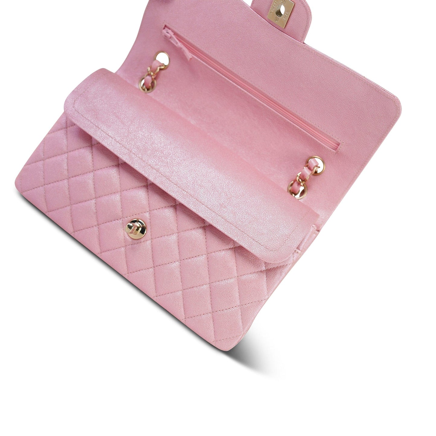 19S Iridescent Pink Caviar Quilted Medium Classic Flap Light Gold Hardware