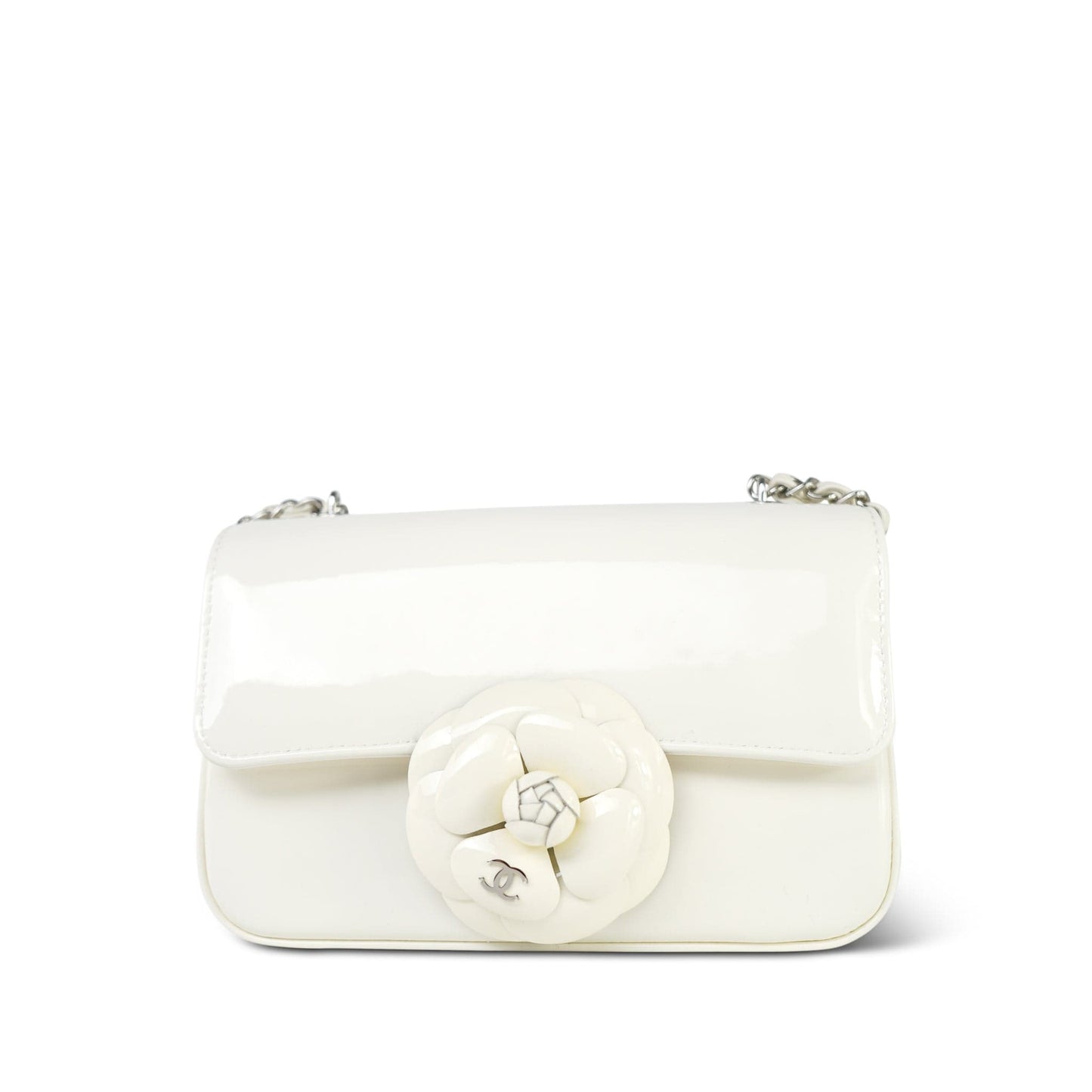 White Patent Camellia Single Flap Bag Silver Hardware