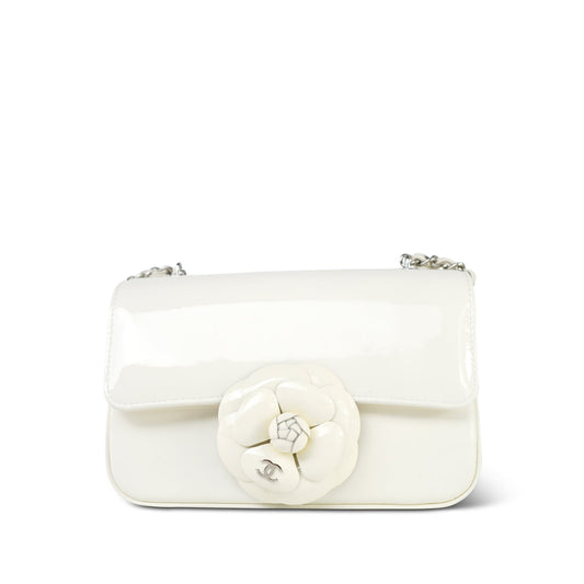 White Patent Camellia Single Flap Bag Silver Hardware