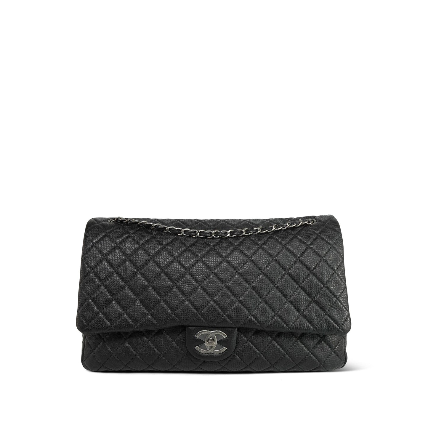 20A Black Grained Calfskin XXL Travel Flap Bag Ruthenium Hardware