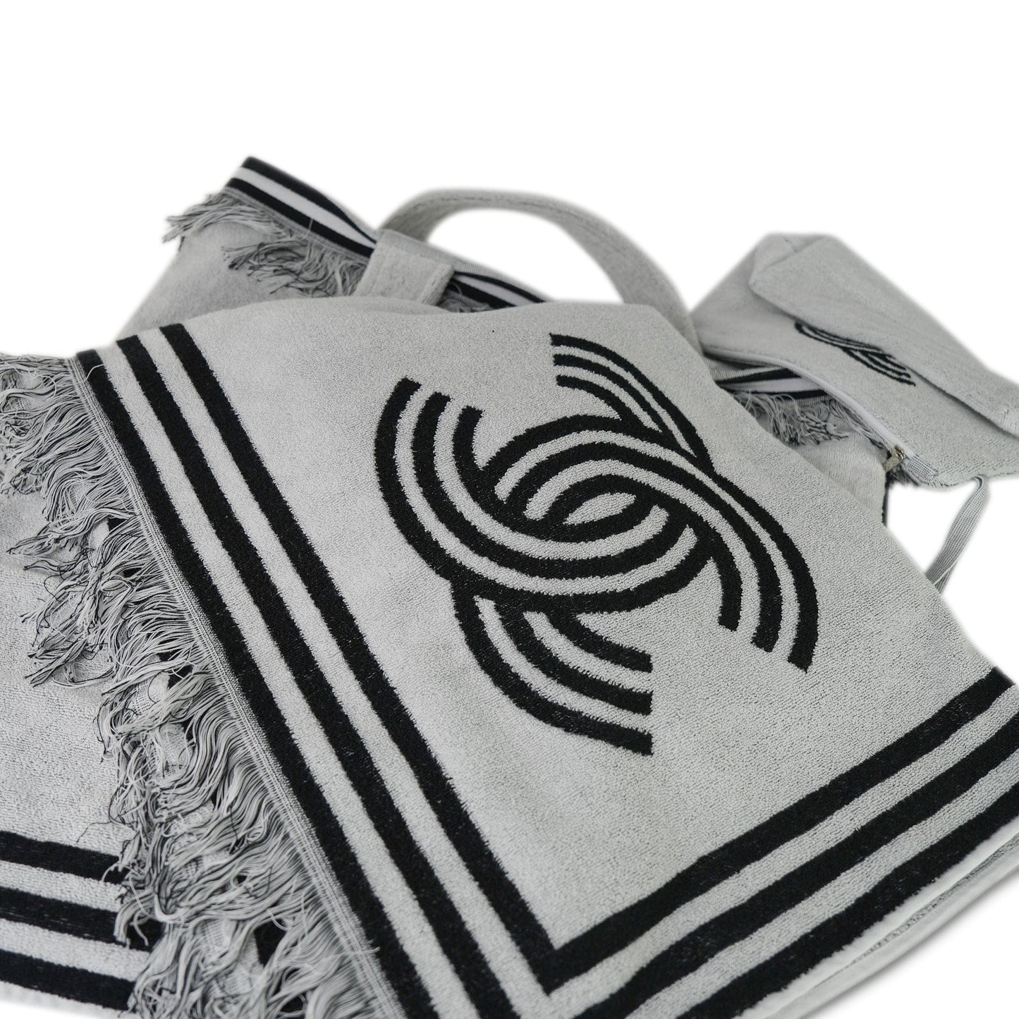 White/Black Terry Cloth Quilted CC Beach Tote with Towel Set