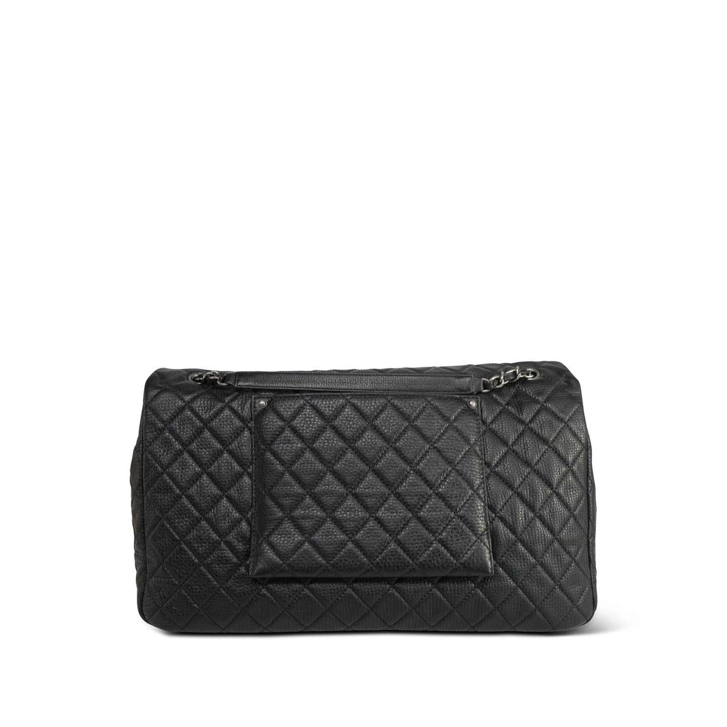 20A Black Grained Calfskin XXL Travel Flap Bag Ruthenium Hardware