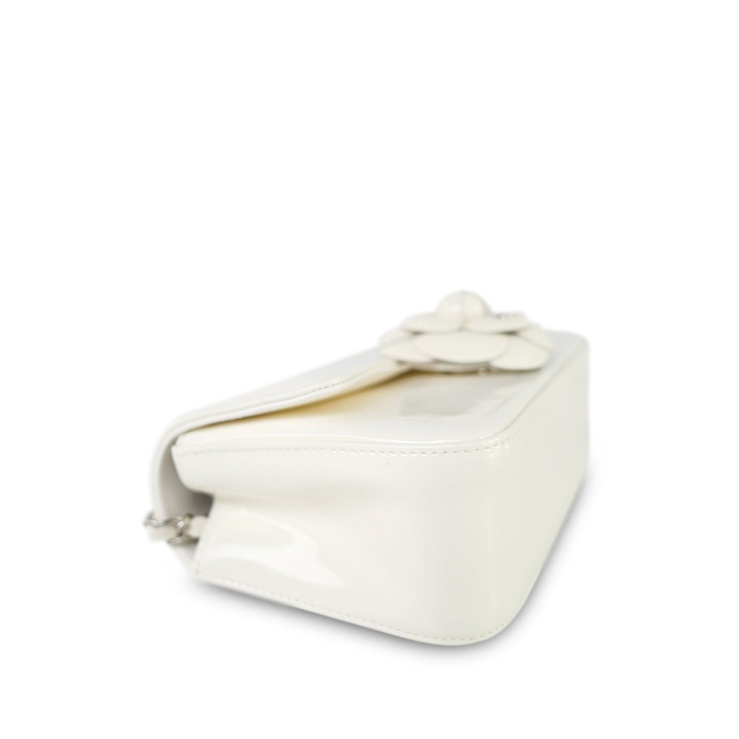 White Patent Camellia Single Flap Bag Silver Hardware