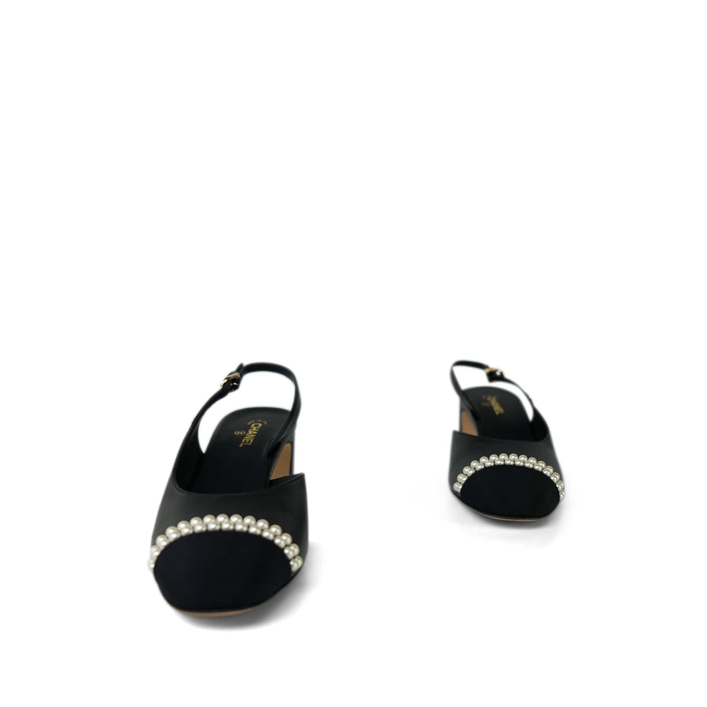 20P Black Lambskin Grosgrain Pearl Cap Toe CC Slingback Pumps Size 39.5