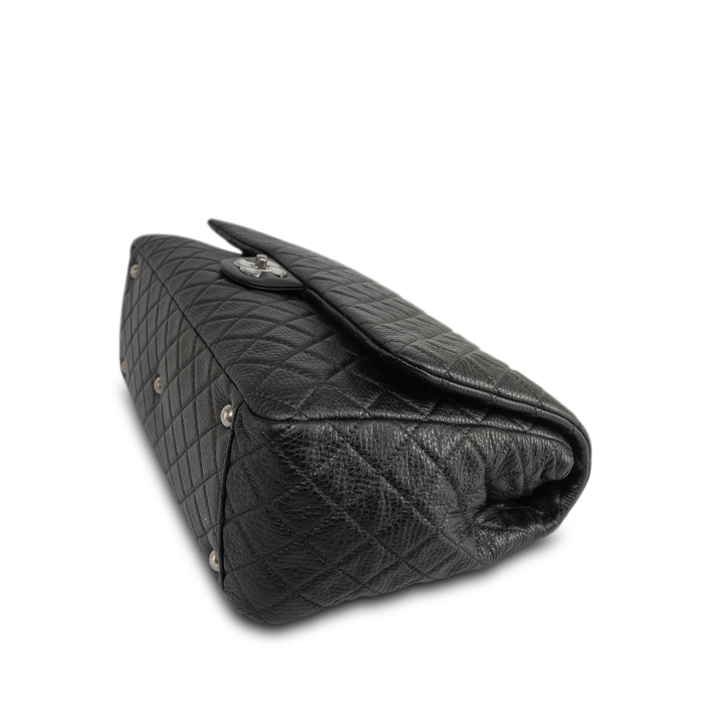 20A Black Grained Calfskin XXL Travel Flap Bag Ruthenium Hardware