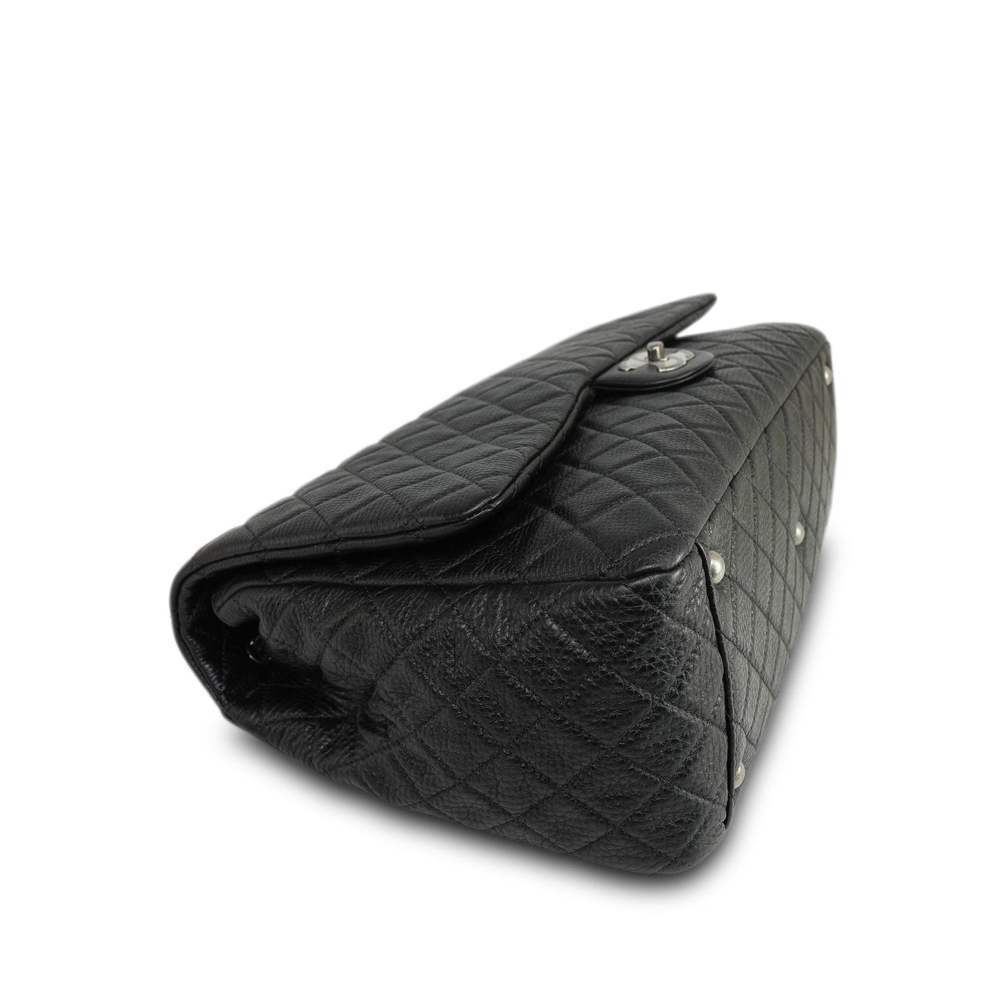 20A Black Grained Calfskin XXL Travel Flap Bag Ruthenium Hardware