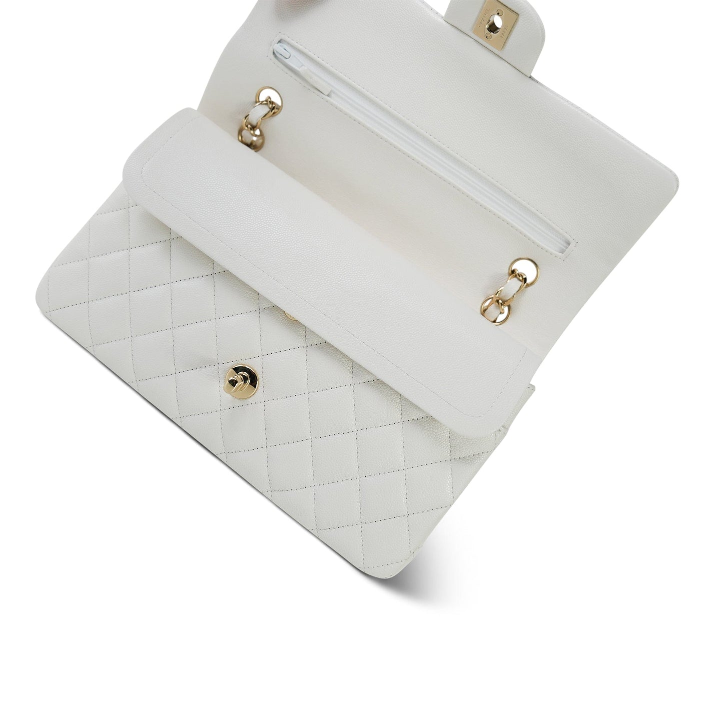 White Caviar Quilted Classic Flap Medium Light Gold Hardware