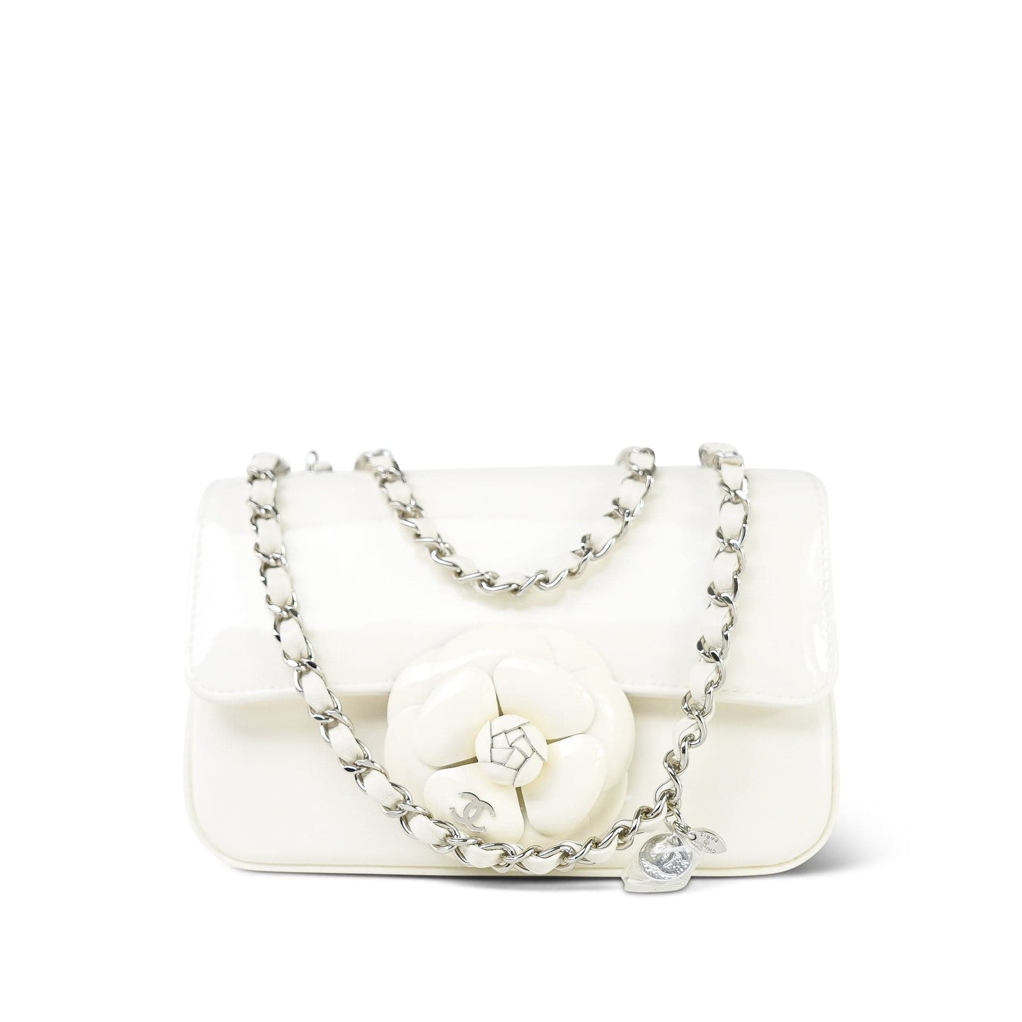 White Patent Camellia Single Flap Bag Silver Hardware