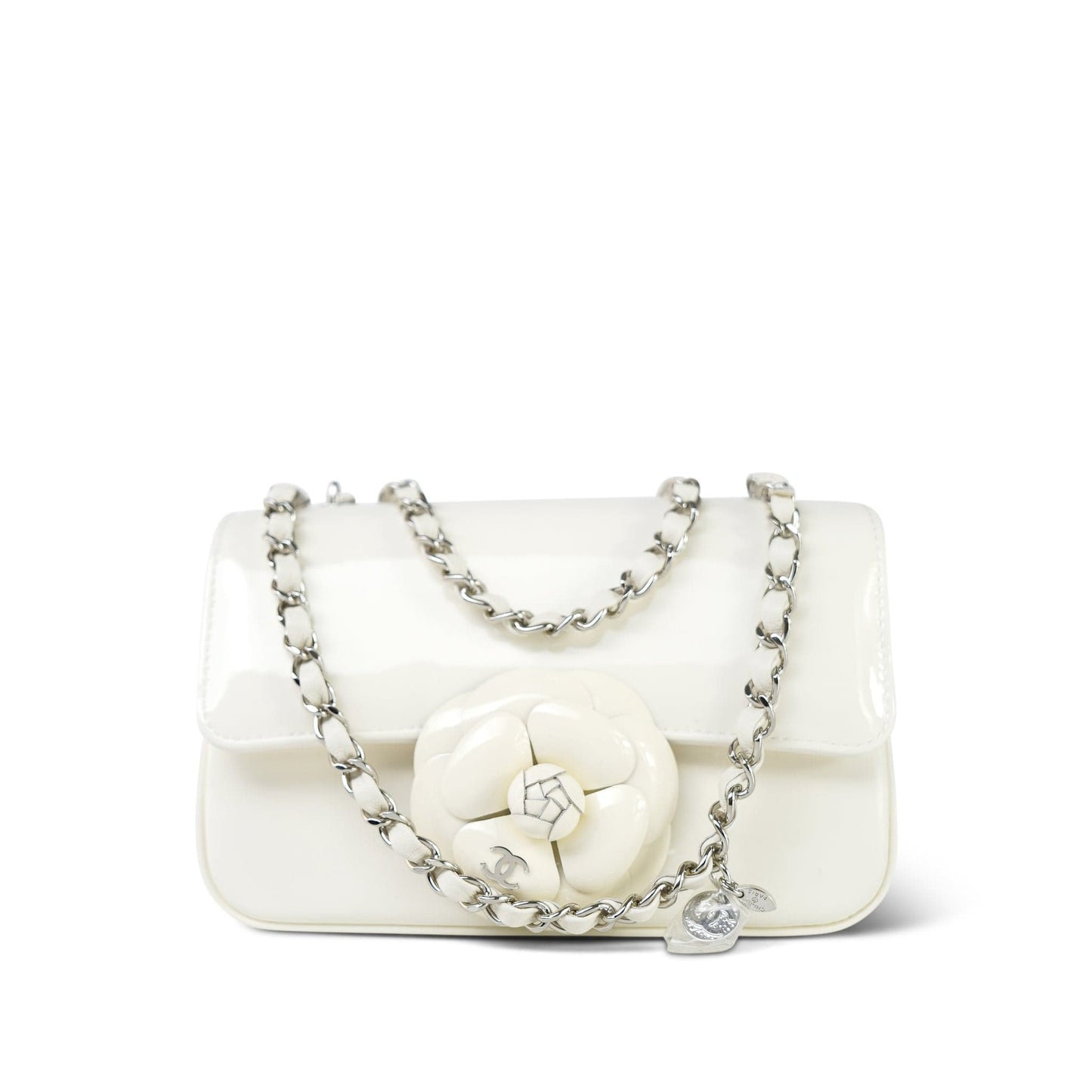 White Patent Camellia Single Flap Bag Silver Hardware