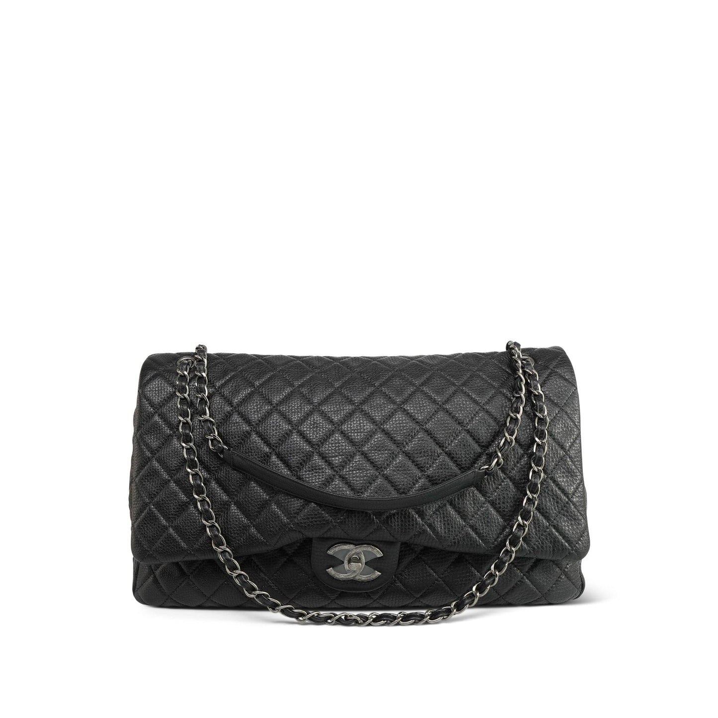 20A Black Grained Calfskin XXL Travel Flap Bag Ruthenium Hardware