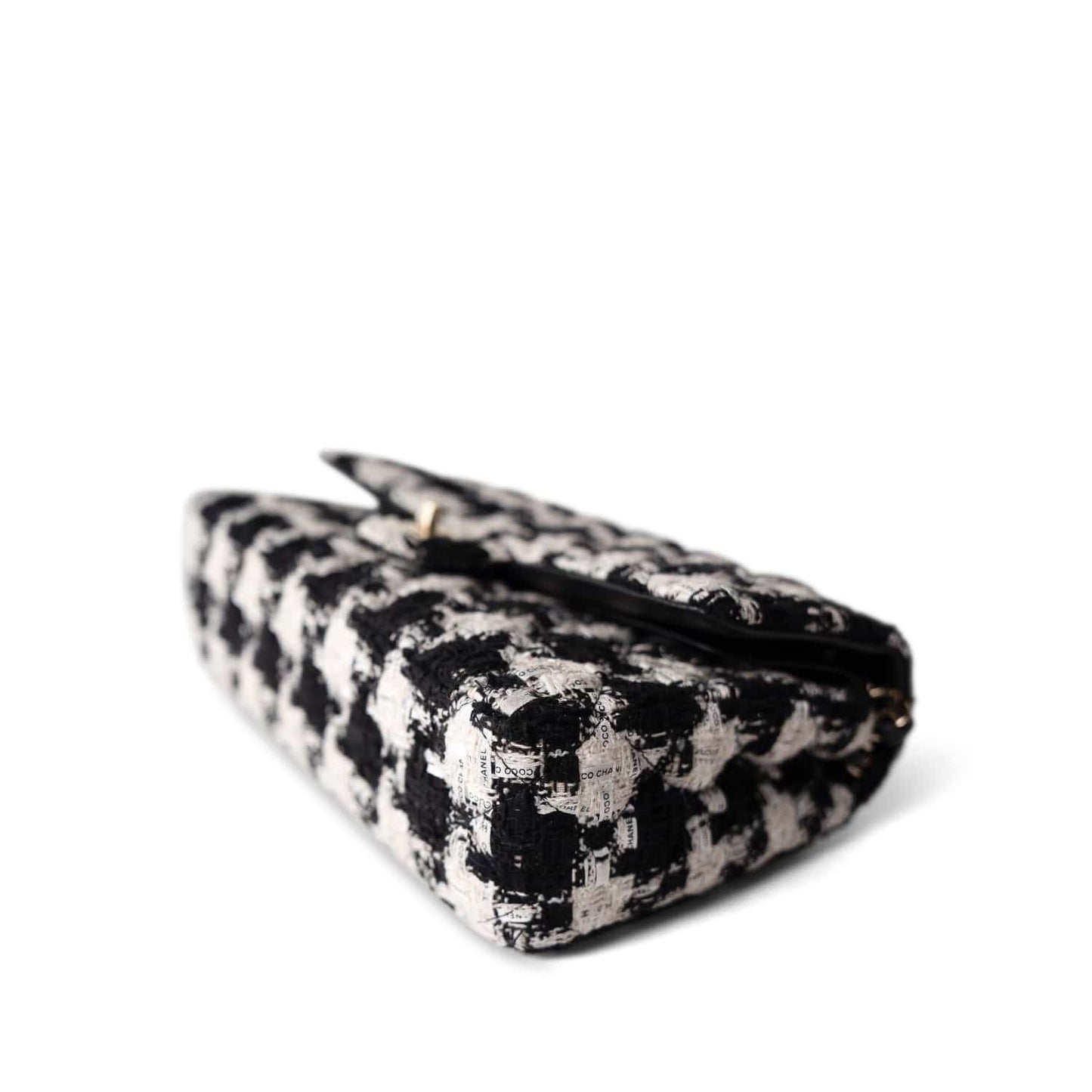 20S Black White Ecru Houndstooth Tweed Quilted Classic Flap Medium Light Gold Hardware