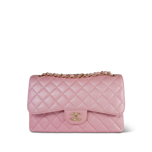 19S Iridescent Pink Caviar Quilted Jumbo Classic Flap Light Gold Hardware