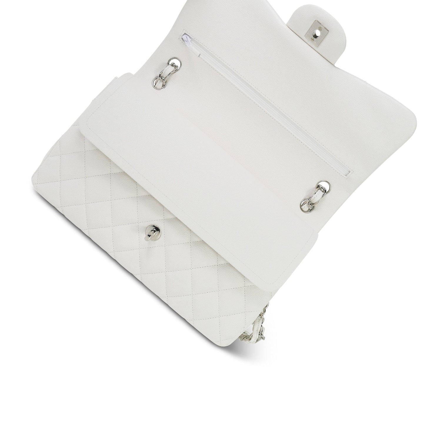 21S White Caviar Quilted Jumbo Classic Flap Silver Hardware