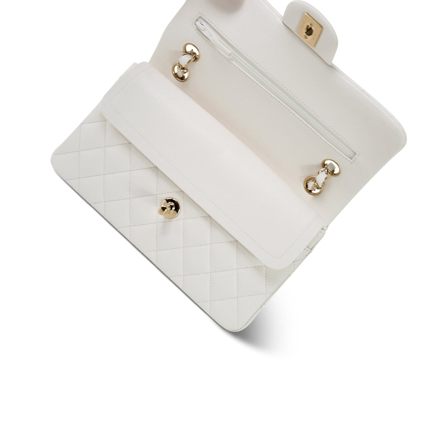 21B White Caviar Quilted Classic Flap Small Light Gold Hardware
