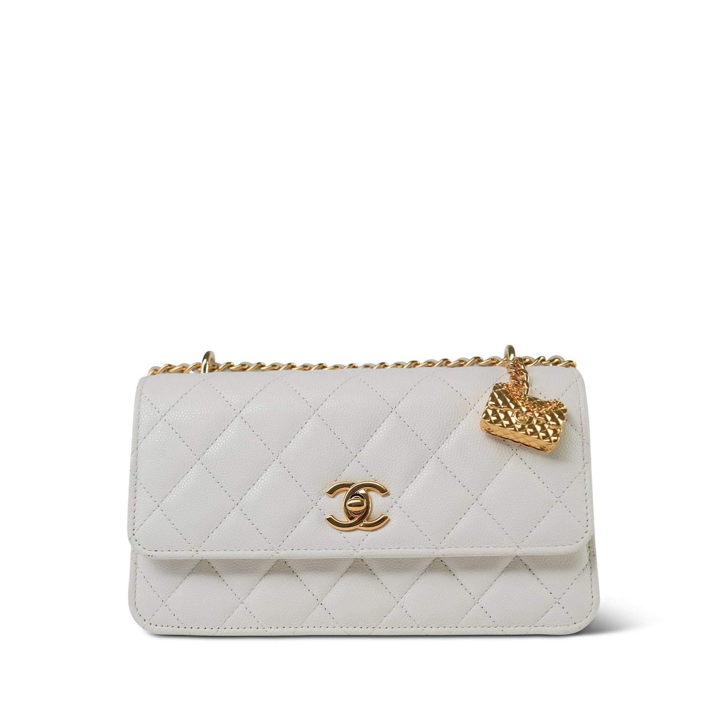 White Caviar Quilted Flap Charm Wallet On Chain WOC Gold Hardware