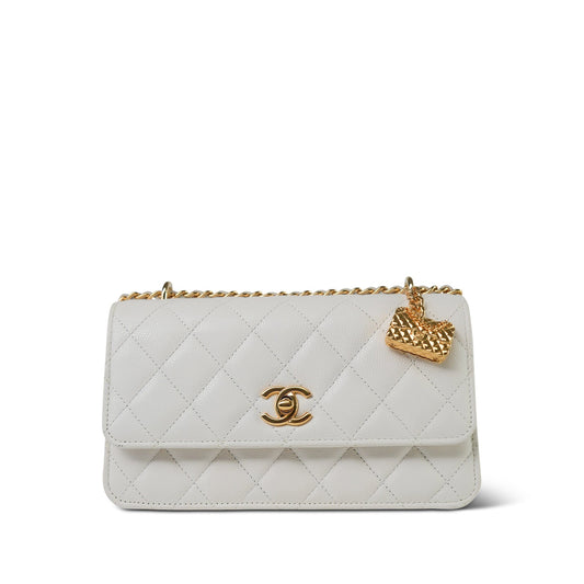 White Caviar Quilted Flap Charm Wallet On Chain WOC Gold Hardware