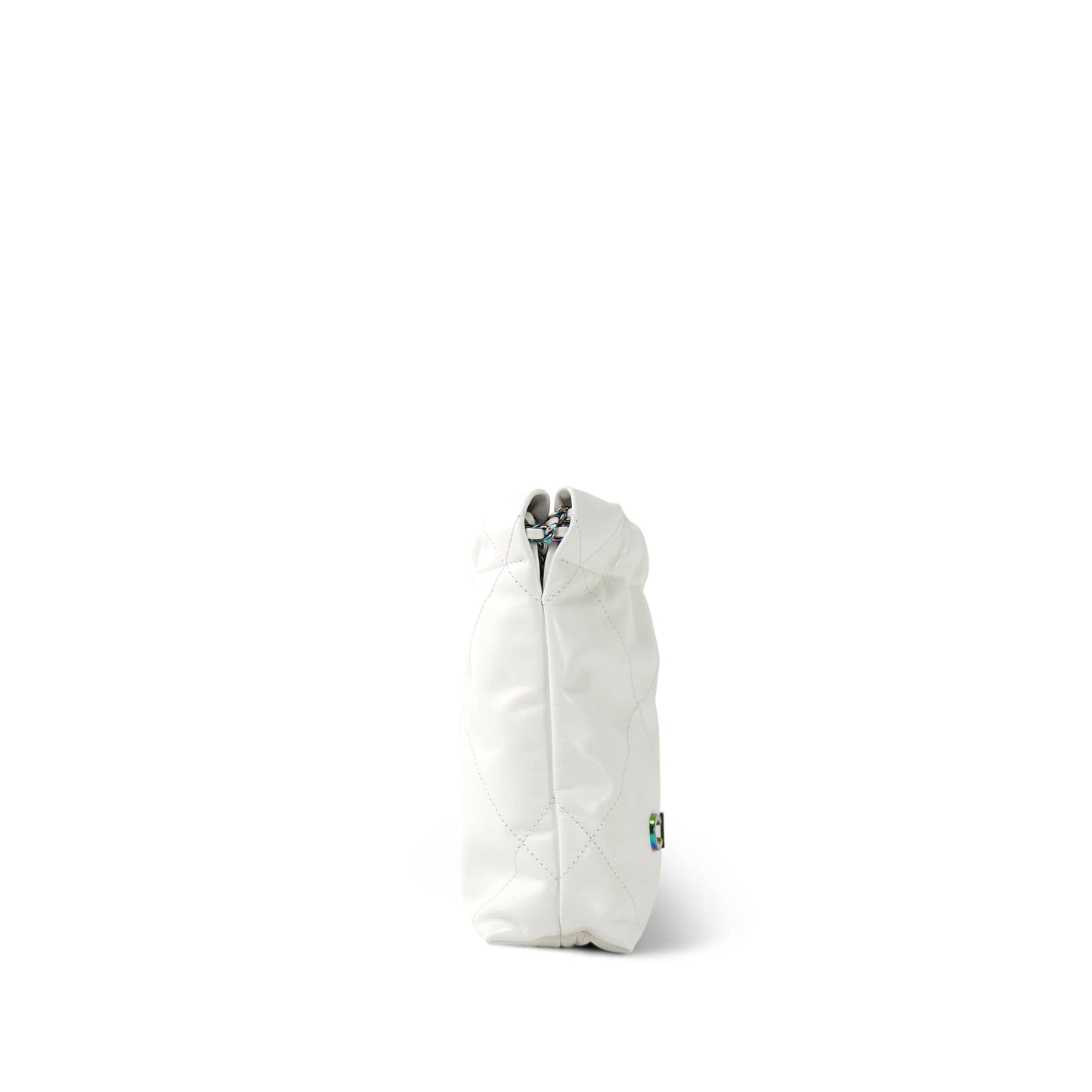 White Calfskin Quilted Mini 22 Bag Rainbow Hardware
