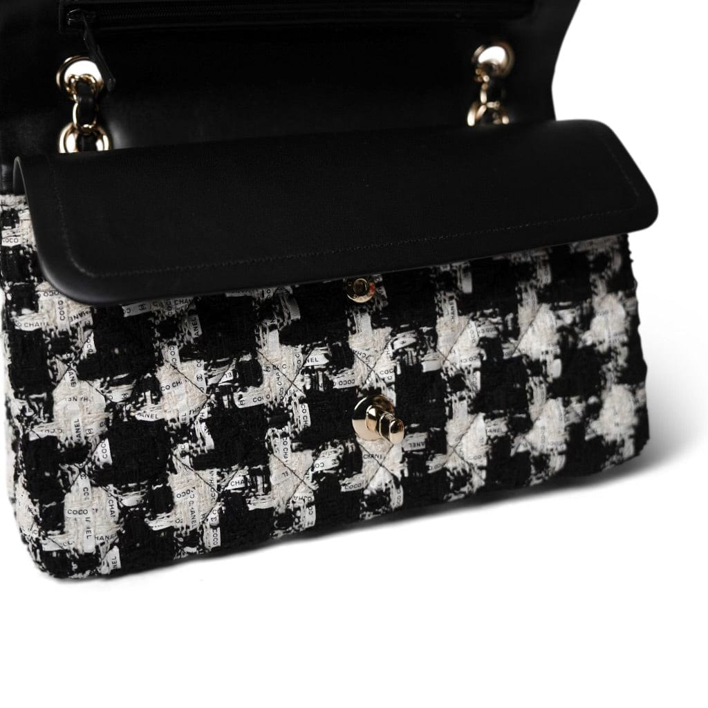20S Black White Houndstooth Tweed Quilted Classic Flap Medium LGHW