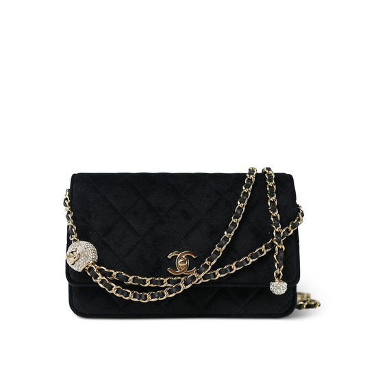 20A Black Velvet Quilted Crystal Pearl Crush Wallet On Chain WOC LGHW