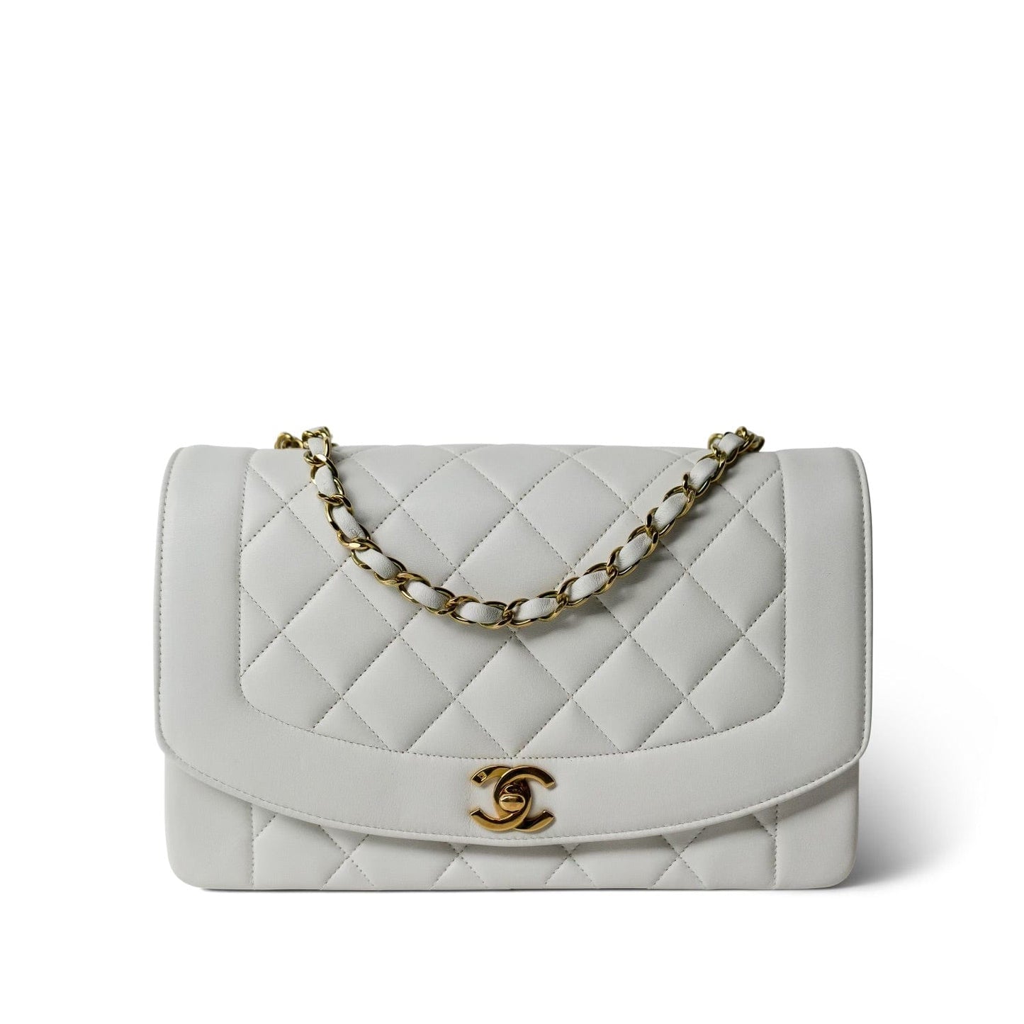 Vintage White Lambskin Quilted Diana Flap Medium GHW
