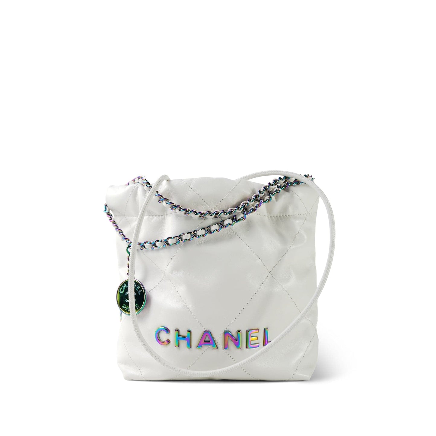 White Calfskin Quilted Mini 22 Bag Rainbow Hardware