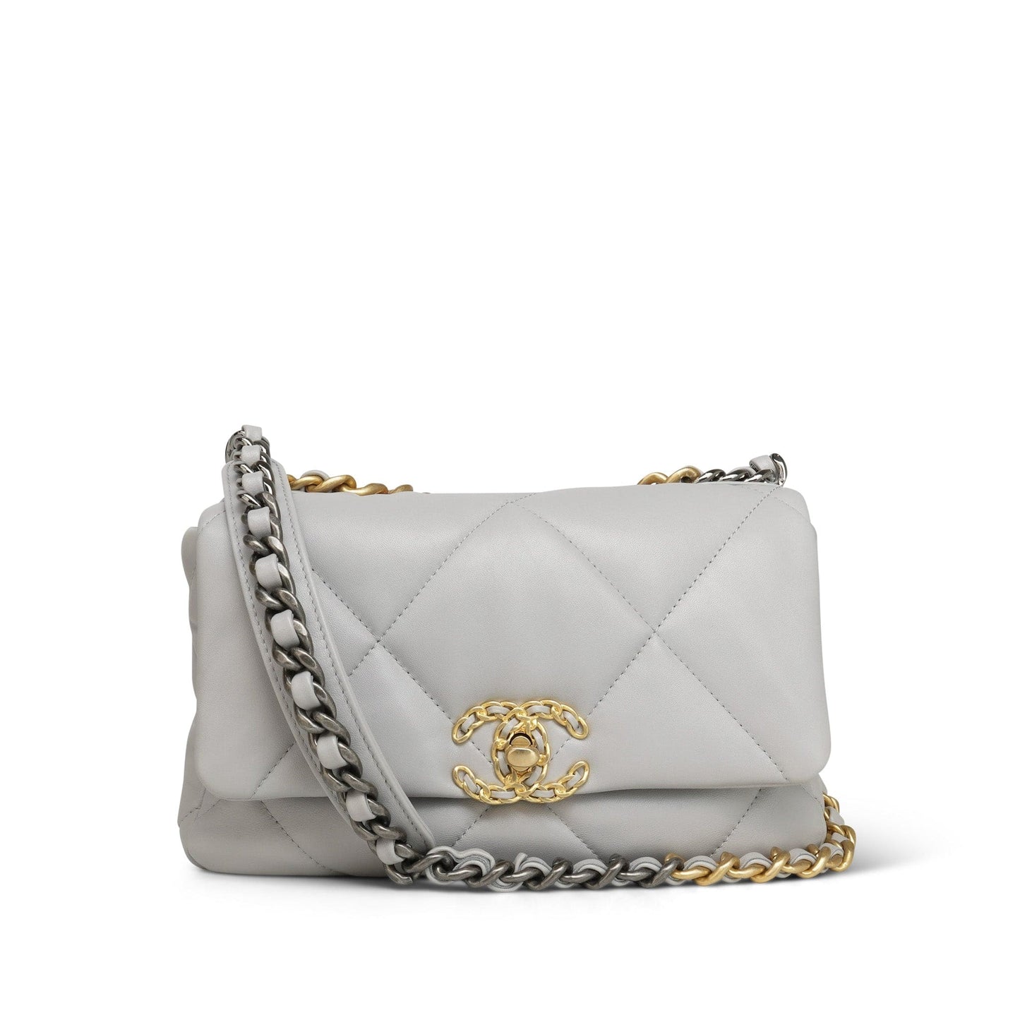 21A Light Grey Lambskin Quilted 19 Flap Small Mixed Hardware