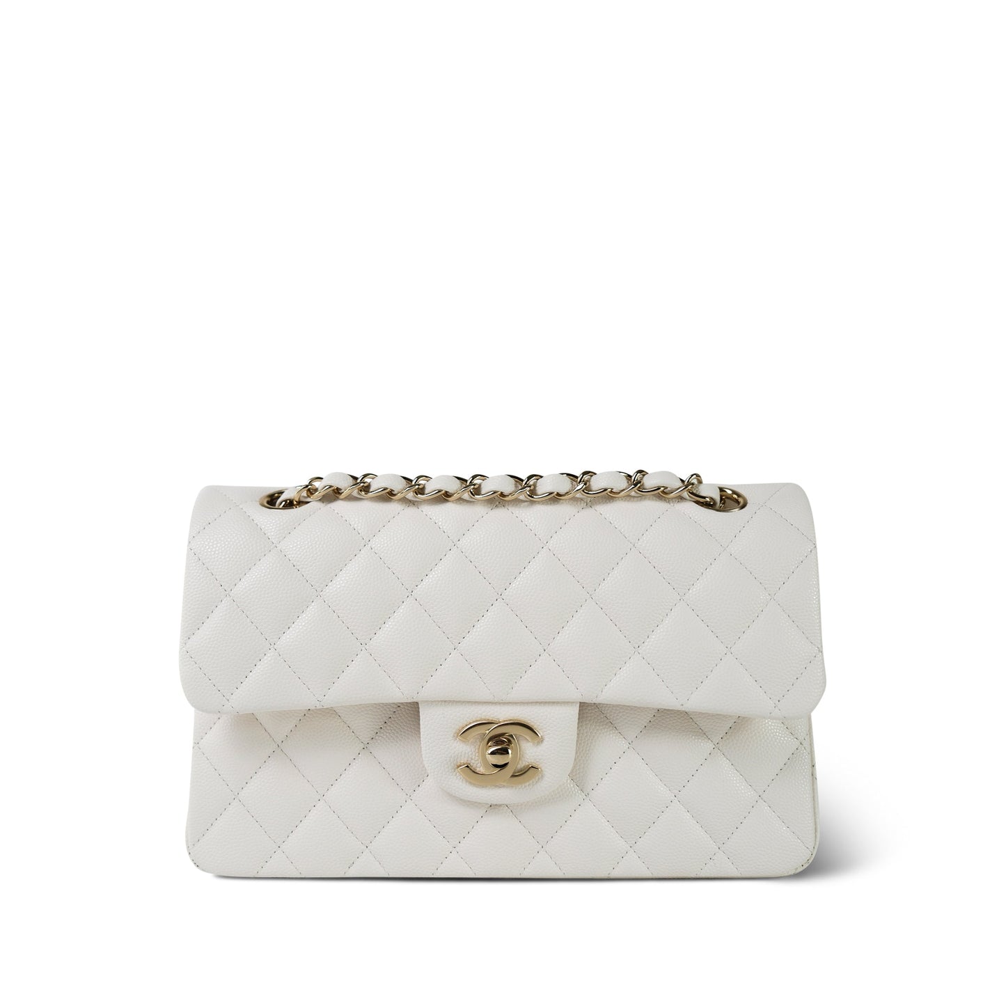 21B White Caviar Quilted Classic Flap Small Light Gold Hardware