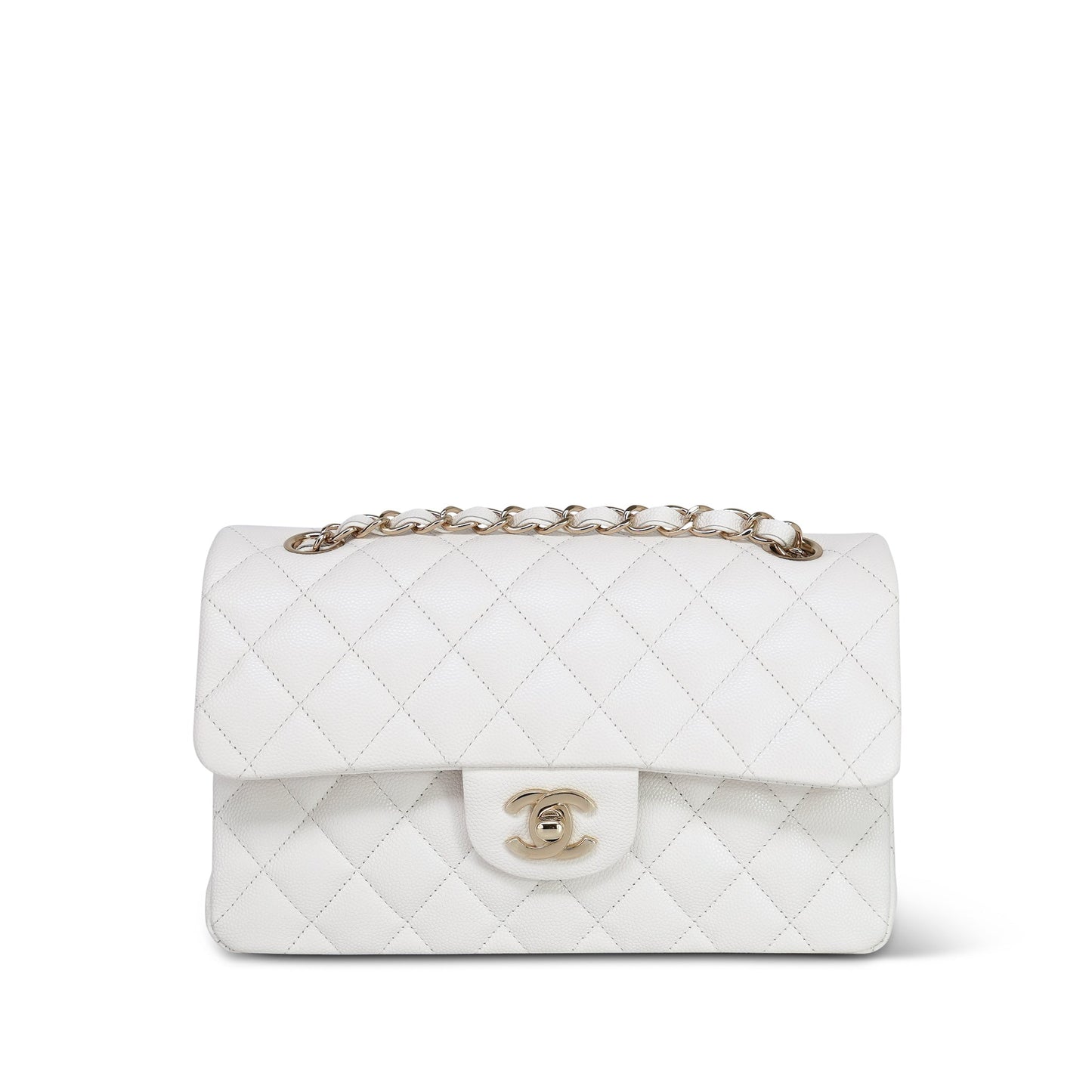 21B White Caviar Quilted Classic Flap Small Light Gold Hardware
