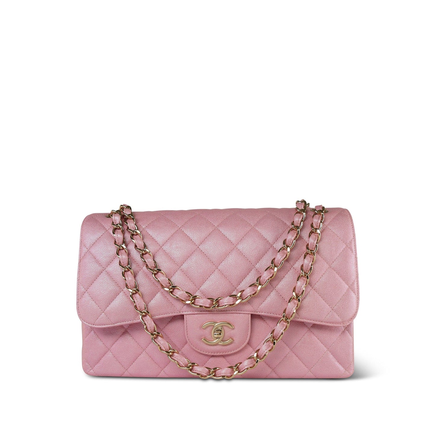 19S Iridescent Pink Caviar Quilted Jumbo Classic Flap Light Gold Hardware