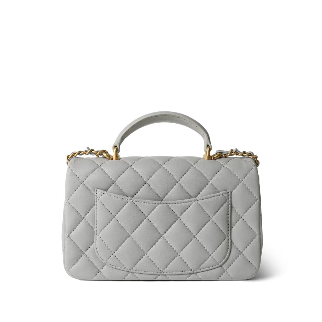 21A Grey Lambskin Quilted Mini Top Handle Aged Gold Hardware