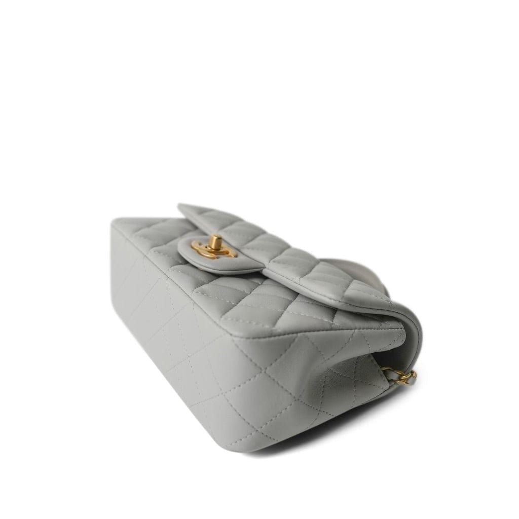 21A Grey Lambskin Quilted Mini Top Handle Aged Gold Hardware