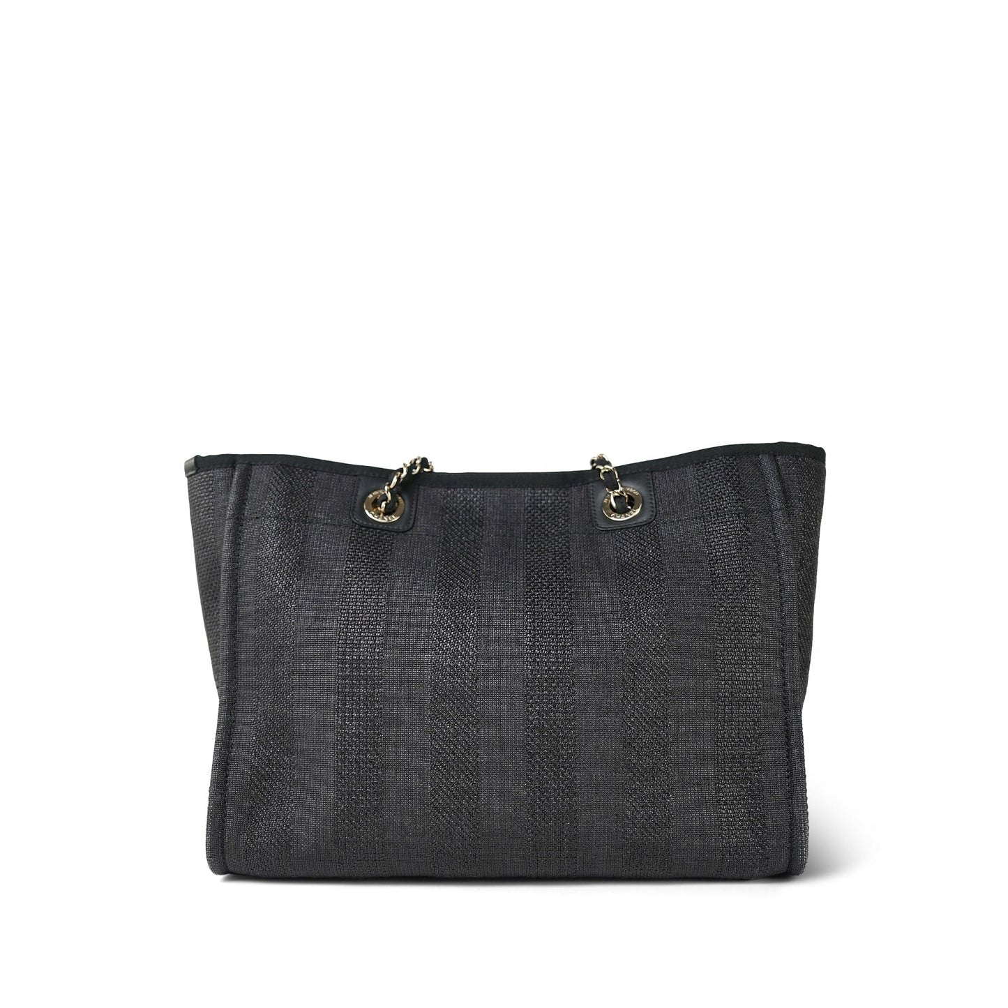 20P Black Stripe Raffia Deauville Shopping Tote Small Light Gold Hardware